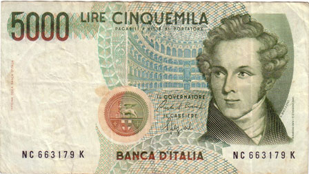 Vecchia banconota da 5000 Lire